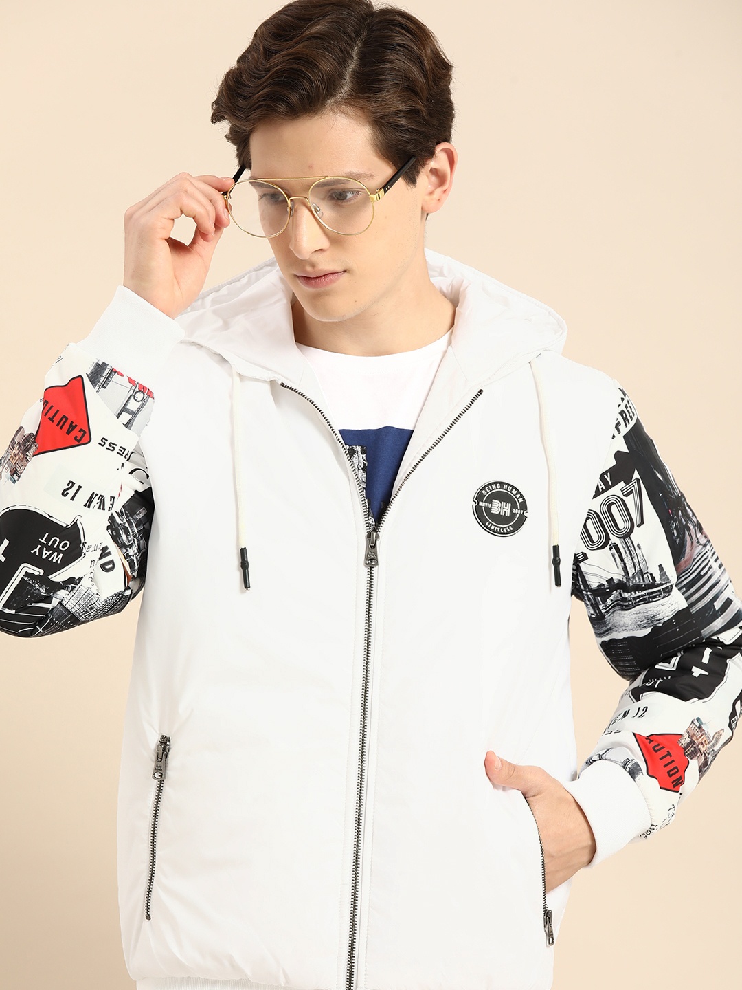 

Being Human Clothing Men White Solid Lightweight Bomber Jacket with Printed Sleeves
