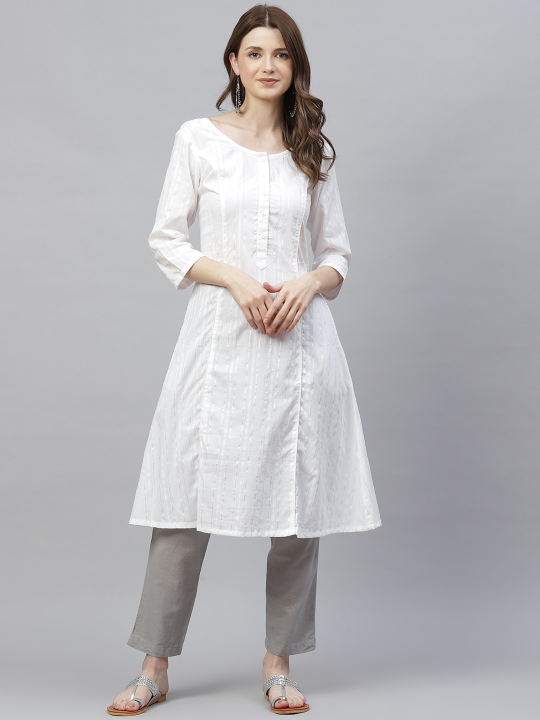 

Ayaany Women White Striped A-Line Kurta