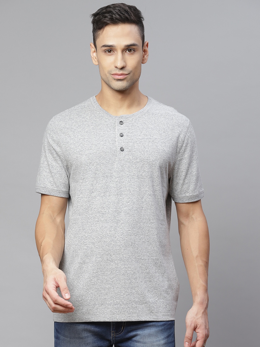 

Marks & Spencer Men Grey Melange Solid Cotton Henley Neck T-shirt