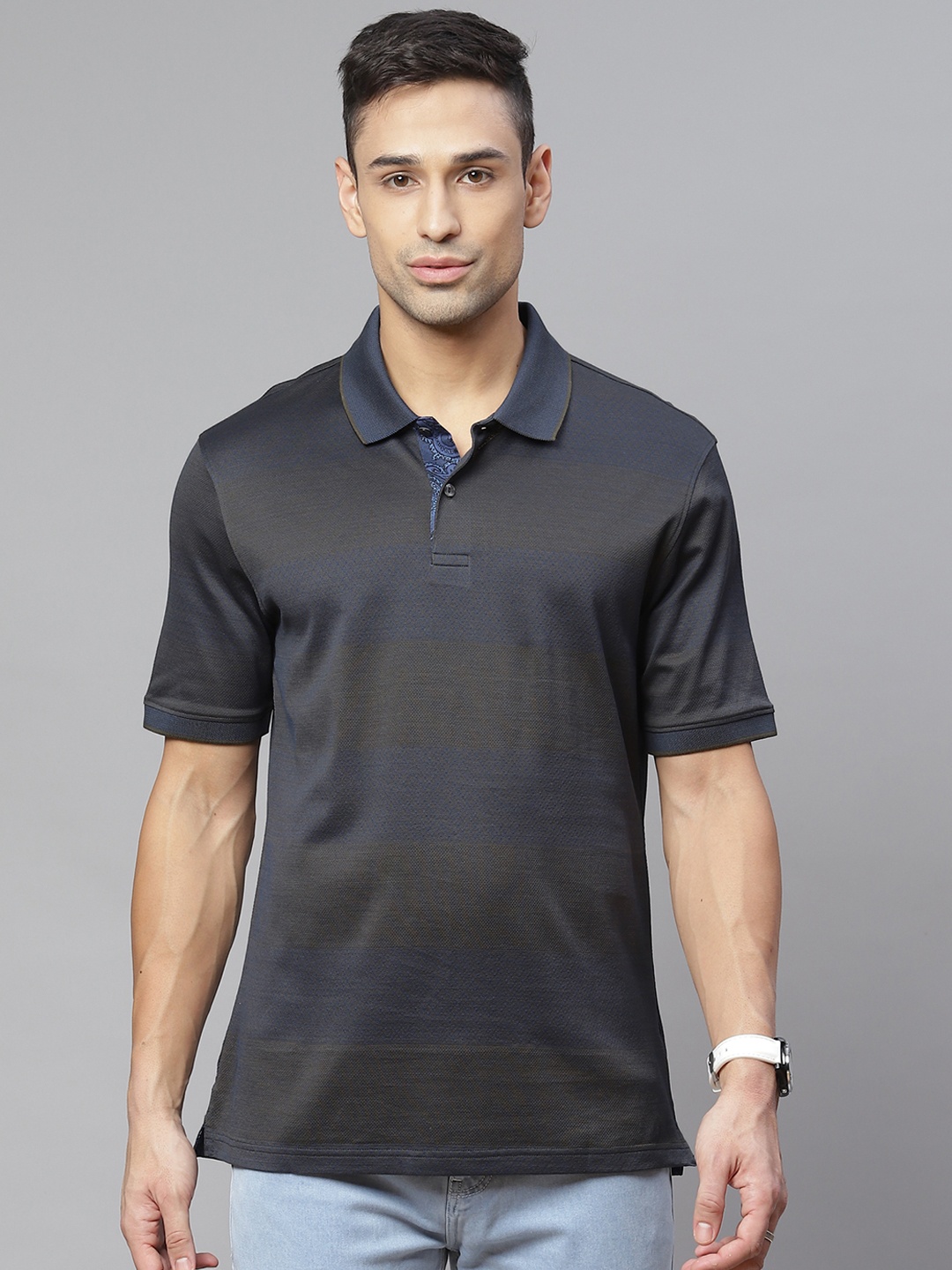 

Marks & Spencer Men Navy Blue & Coffee Brown Striped Solid Polo Collar T-shirt