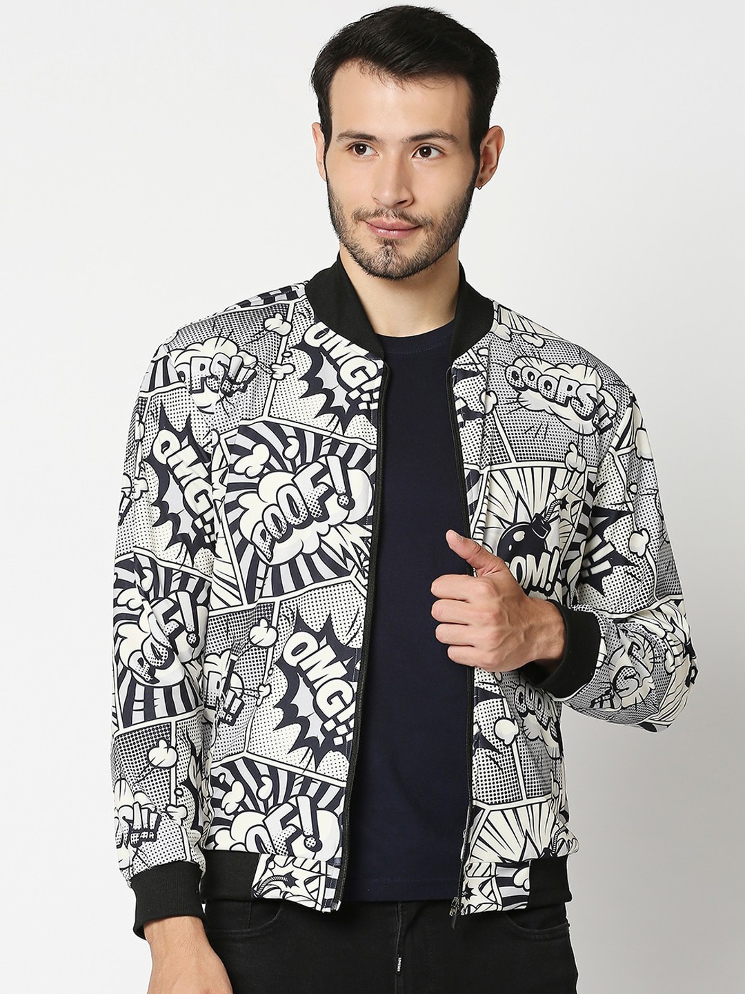 

High Star Men Black & White Printed Bomber Jacket
