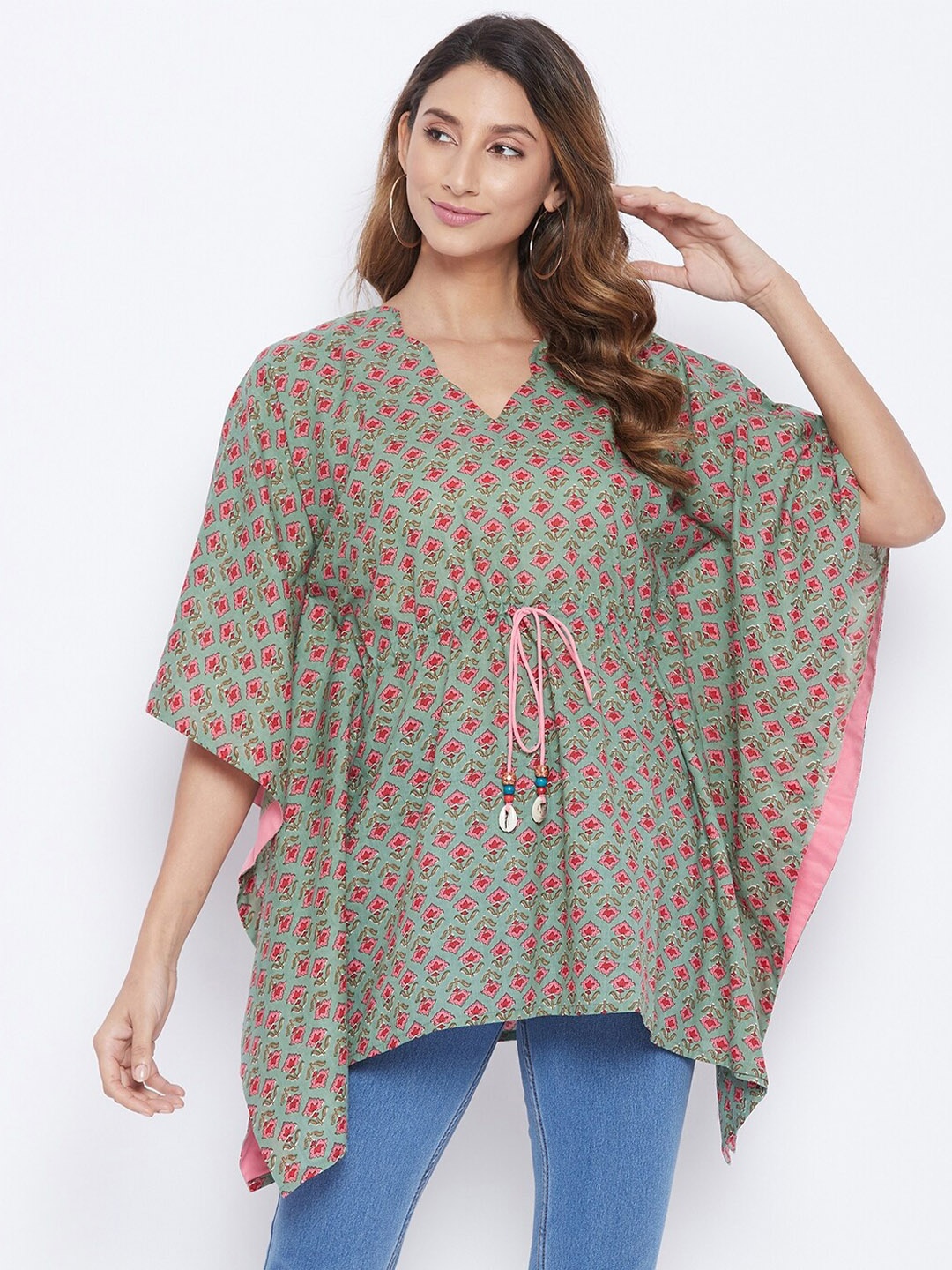 

The Kaftan Company Green & Pink Floral Kaftan Longline Top