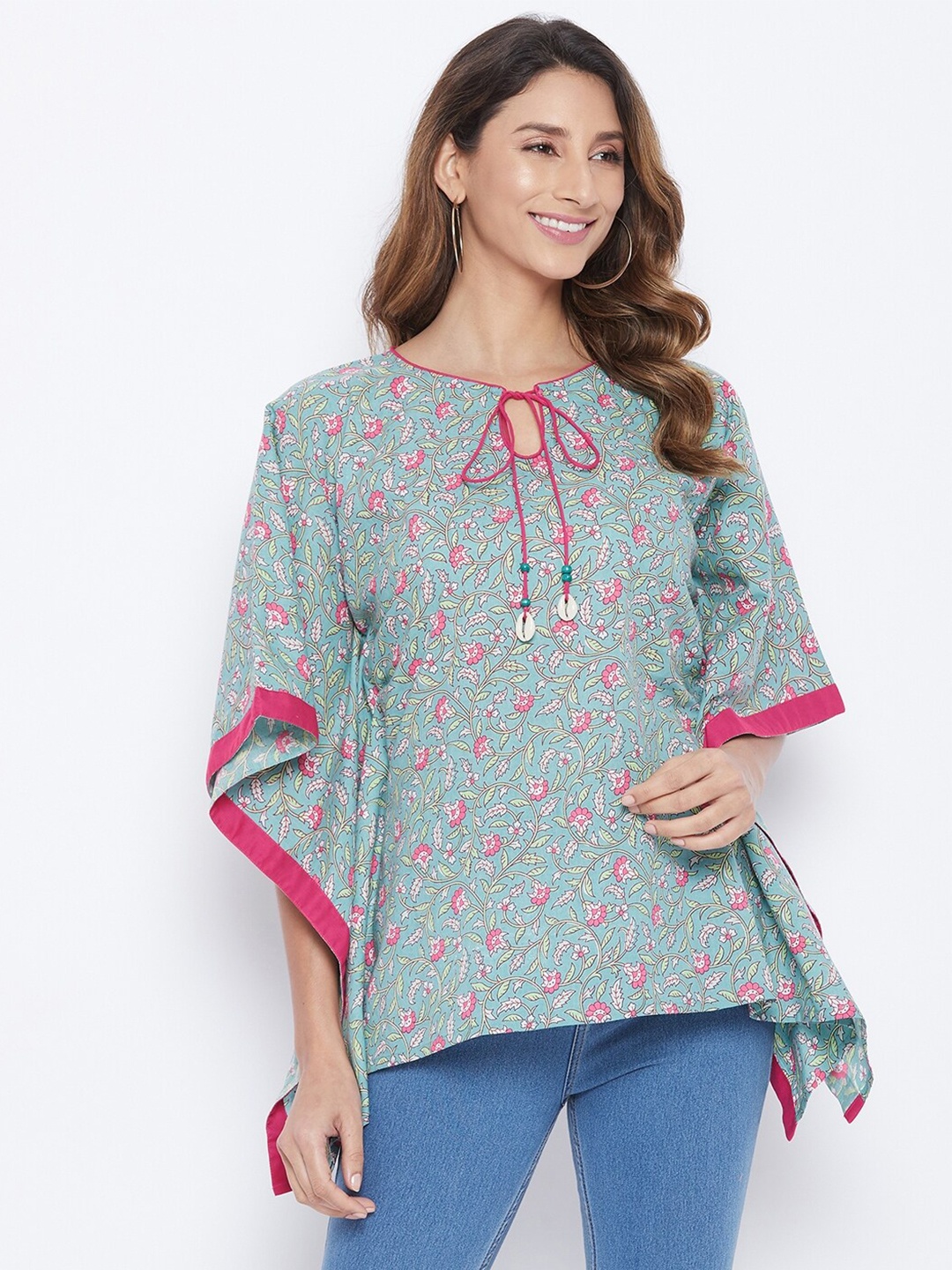 

The Kaftan Company Women Blue Floral Tie-Up Neck A-Line Top