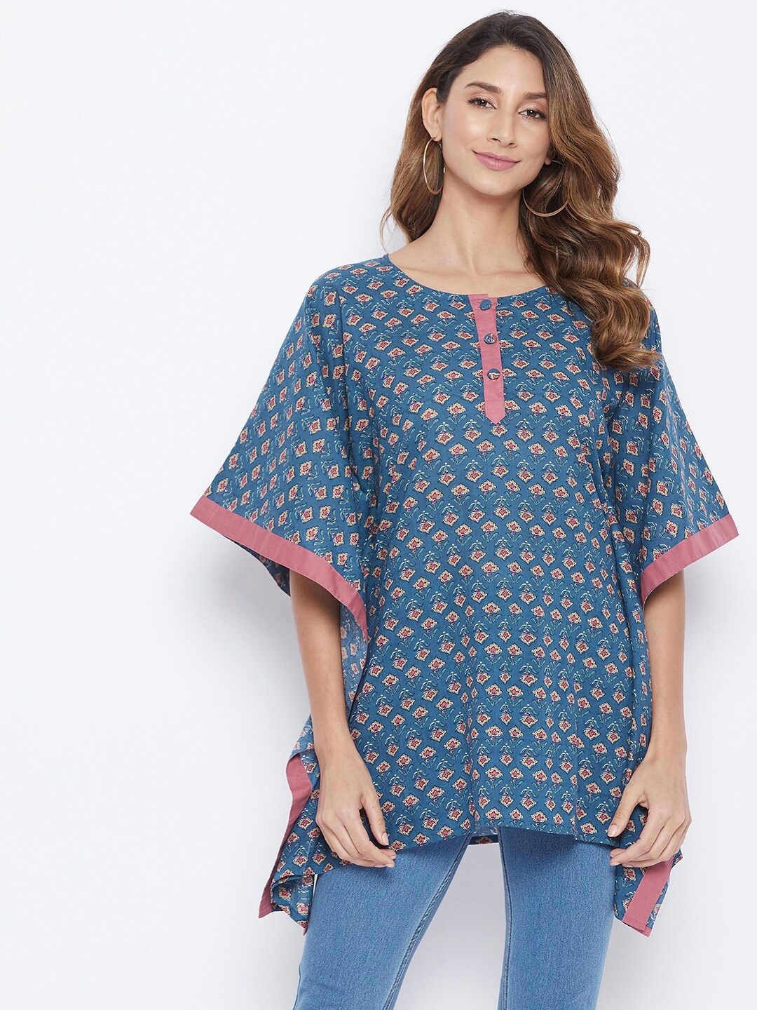 

The Kaftan Company Women Navy Blue Printed A-Line Top