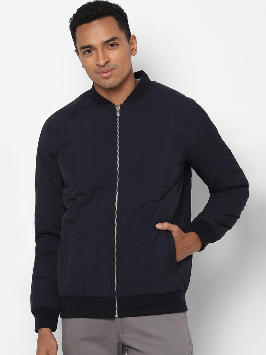 

Allen Solly Men Navy Blue Striped Bomber Jacket