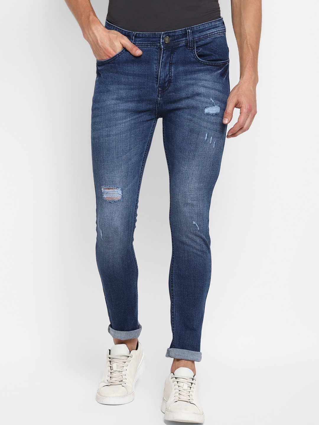 

Routeen Men Blue Slim Fit Low Distress Heavy Fade Stretchable Jeans