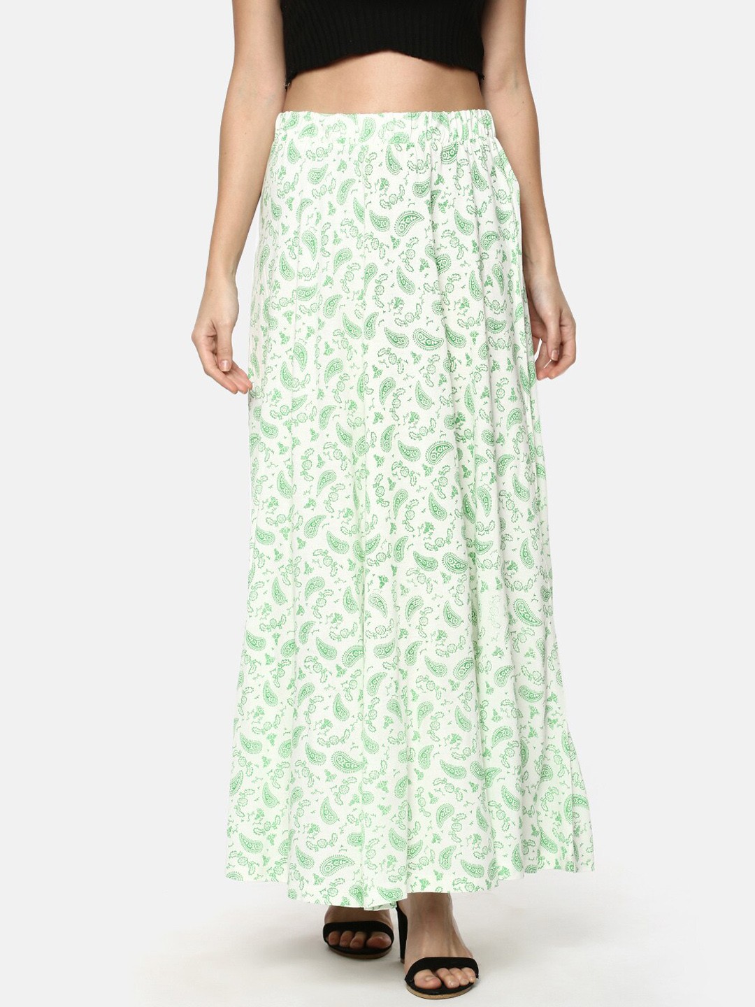 

YCANF Women Off White & Green Printed Maxi-Length Flared Skirt