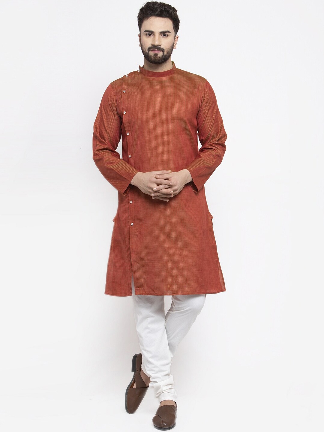 

KLOTTHE Men Rust & Gold-Toned Woven Design Dobby Cotton Silk Straight Kurta