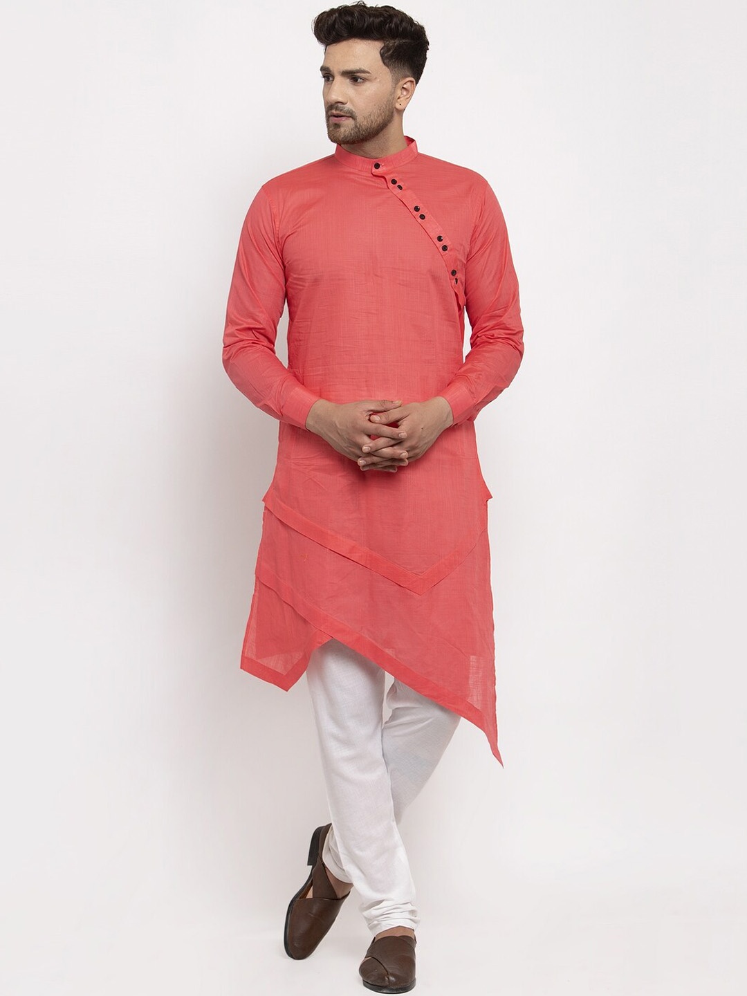 

KLOTTHE Men Peach-Coloured Thread Work Asymmetric Kurta