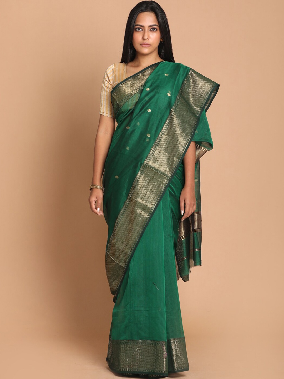 

Indethnic Green & Gold Woven Design Zari Silk Cotton Maheshwari Saree
