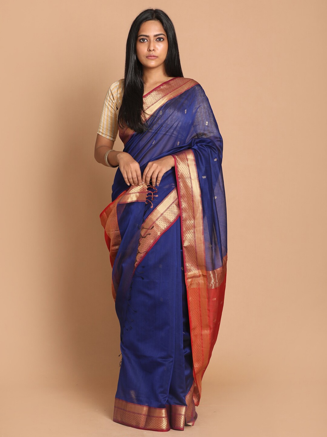 

Indethnic Blue & Red Woven Design Maheshwari Saree