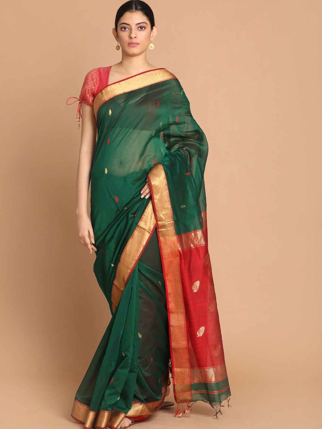 

Indethnic Green & Red Woven Design Zari Silk Cotton Maheshwari Saree