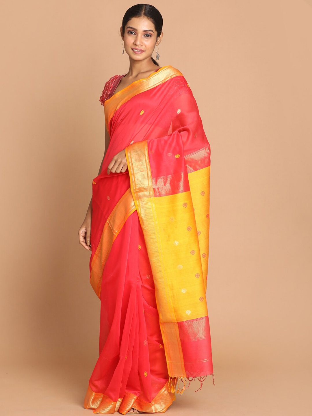 

Indethnic Coral & Yellow Ethnic Motifs Zari Silk Cotton Maheshwari Saree