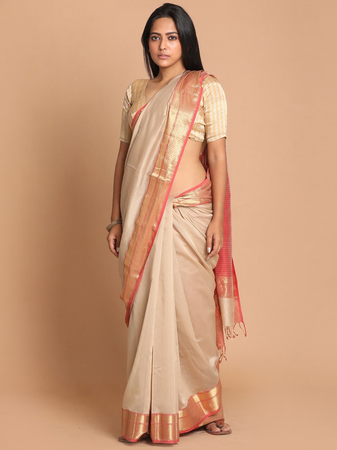 

Indethnic Cream & Red Woven Design Silk Cotton Saree