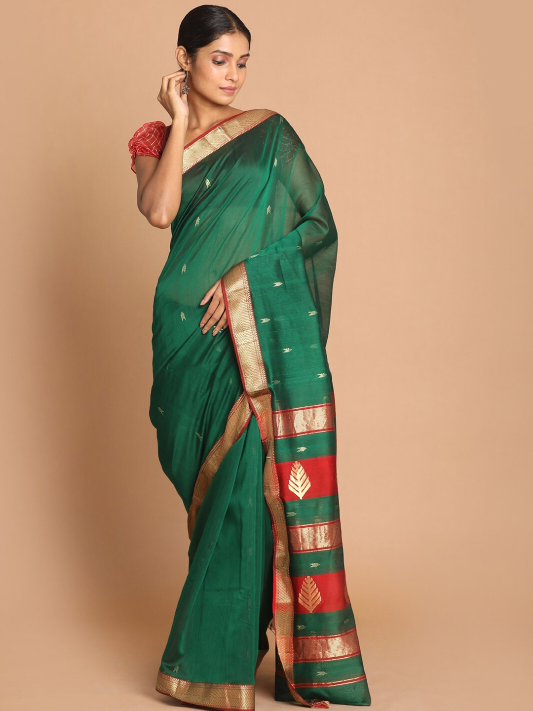 

Indethnic Green & Red Woven Design Zari Silk Cotton Maheshwari Saree
