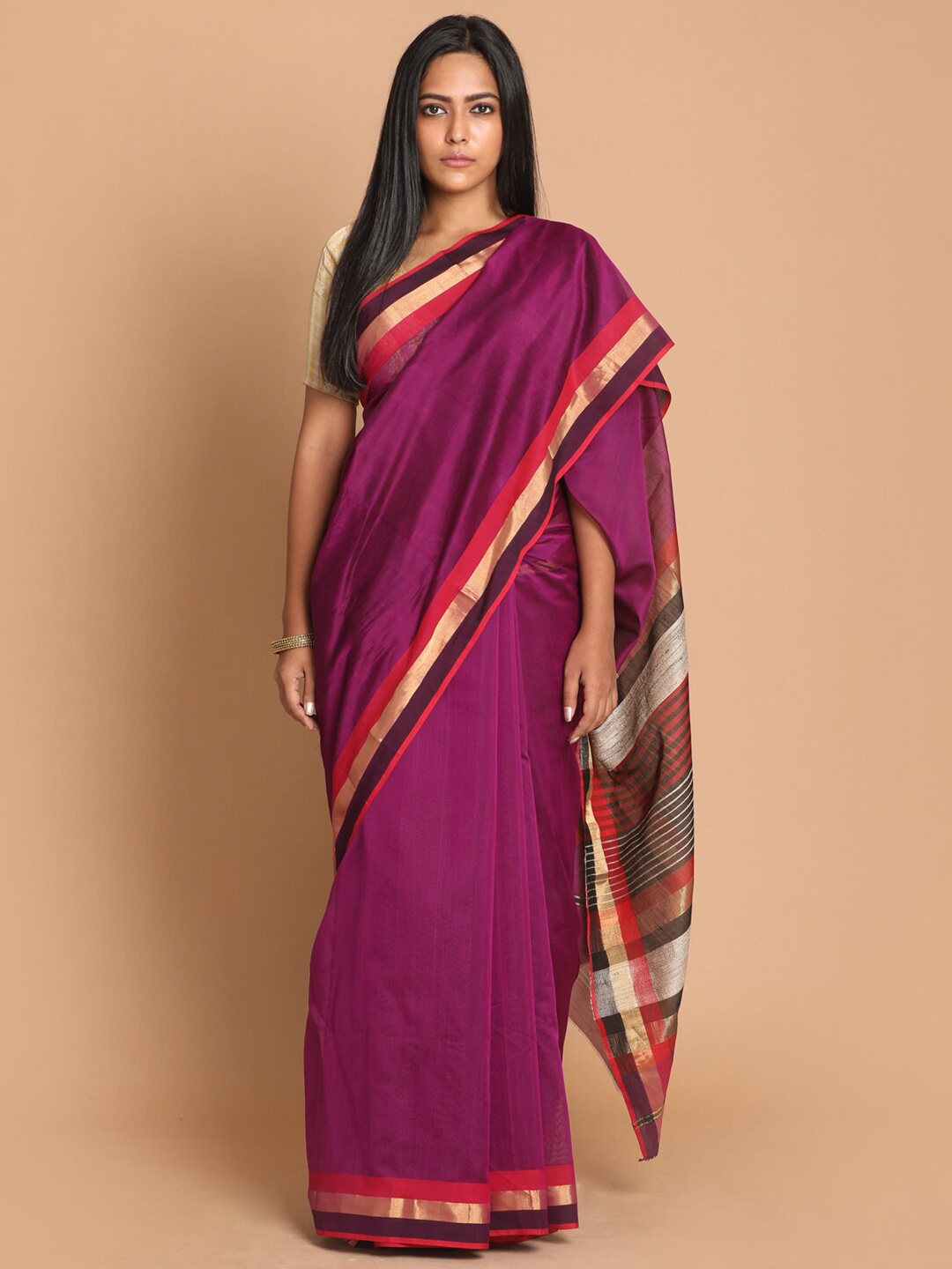 

Indethnic Purple & Red Zari Silk Cotton Maheshwari Saree