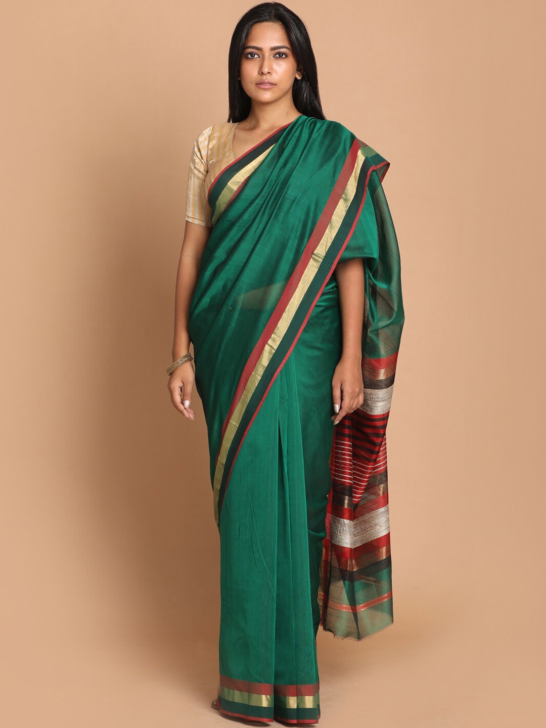 

Indethnic Green & Red Zari Silk Cotton Maheshwari Saree