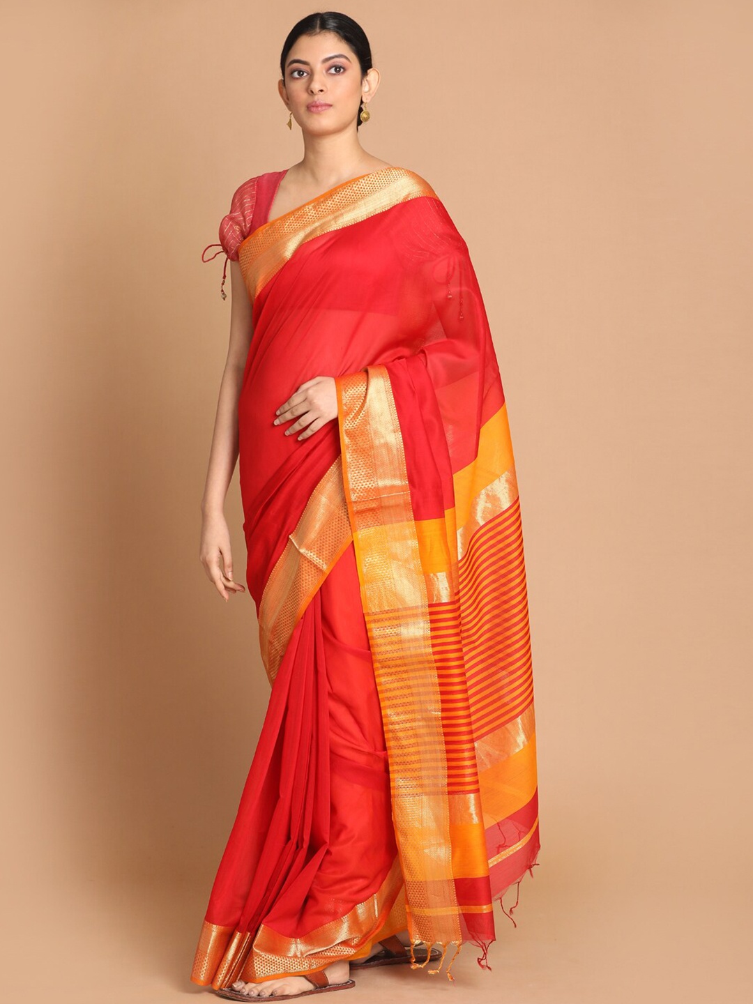 

Indethnic Maroon & Orange Zari Silk Cotton Maheshwari Saree
