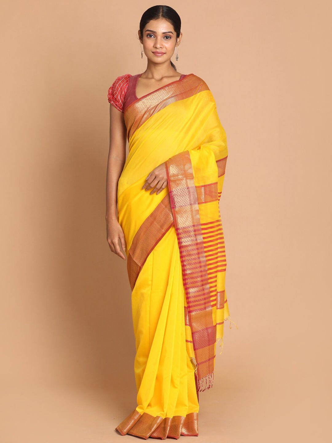 

Indethnic Yellow & Red Zari Silk Cotton Maheshwari Saree
