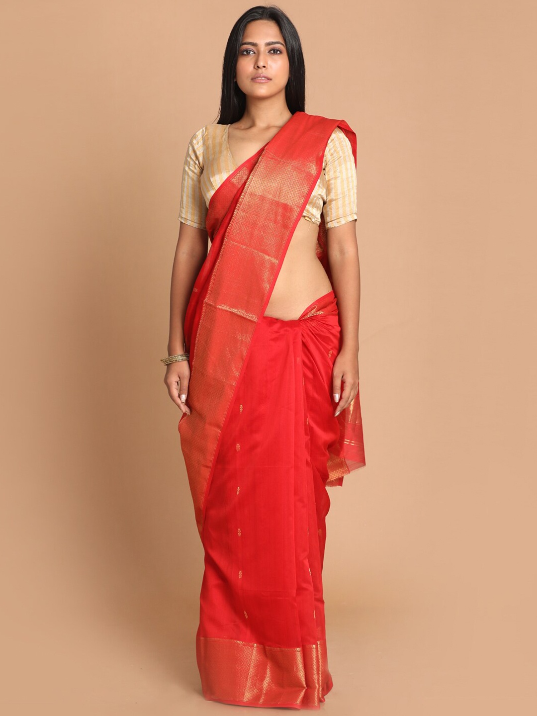 

Indethnic Red & Gold-Toned Woven Design Zari Silk Cotton Maheshwari Saree