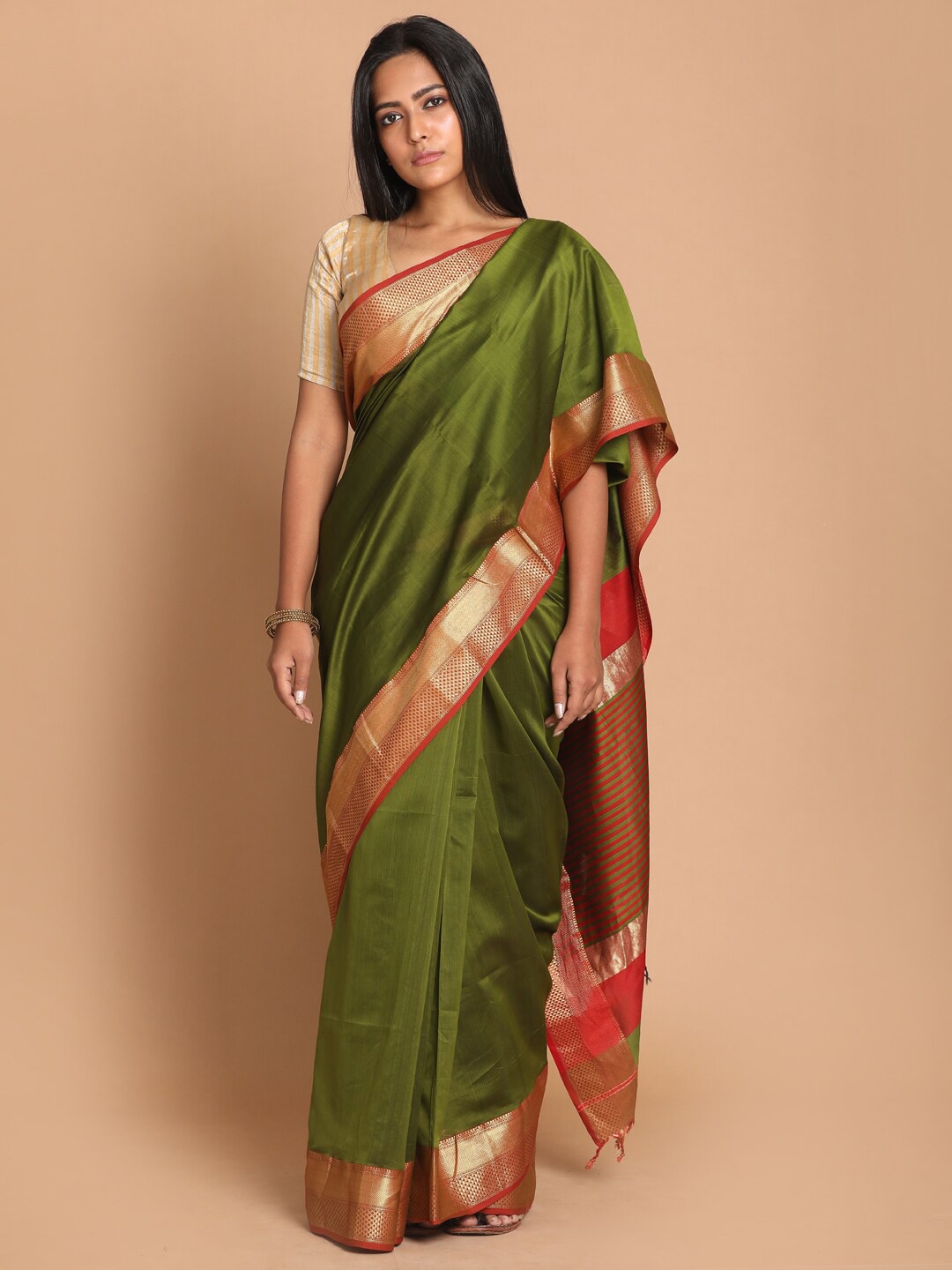 

Indethnic Green & Red Zari Silk Cotton Maheshwari Saree