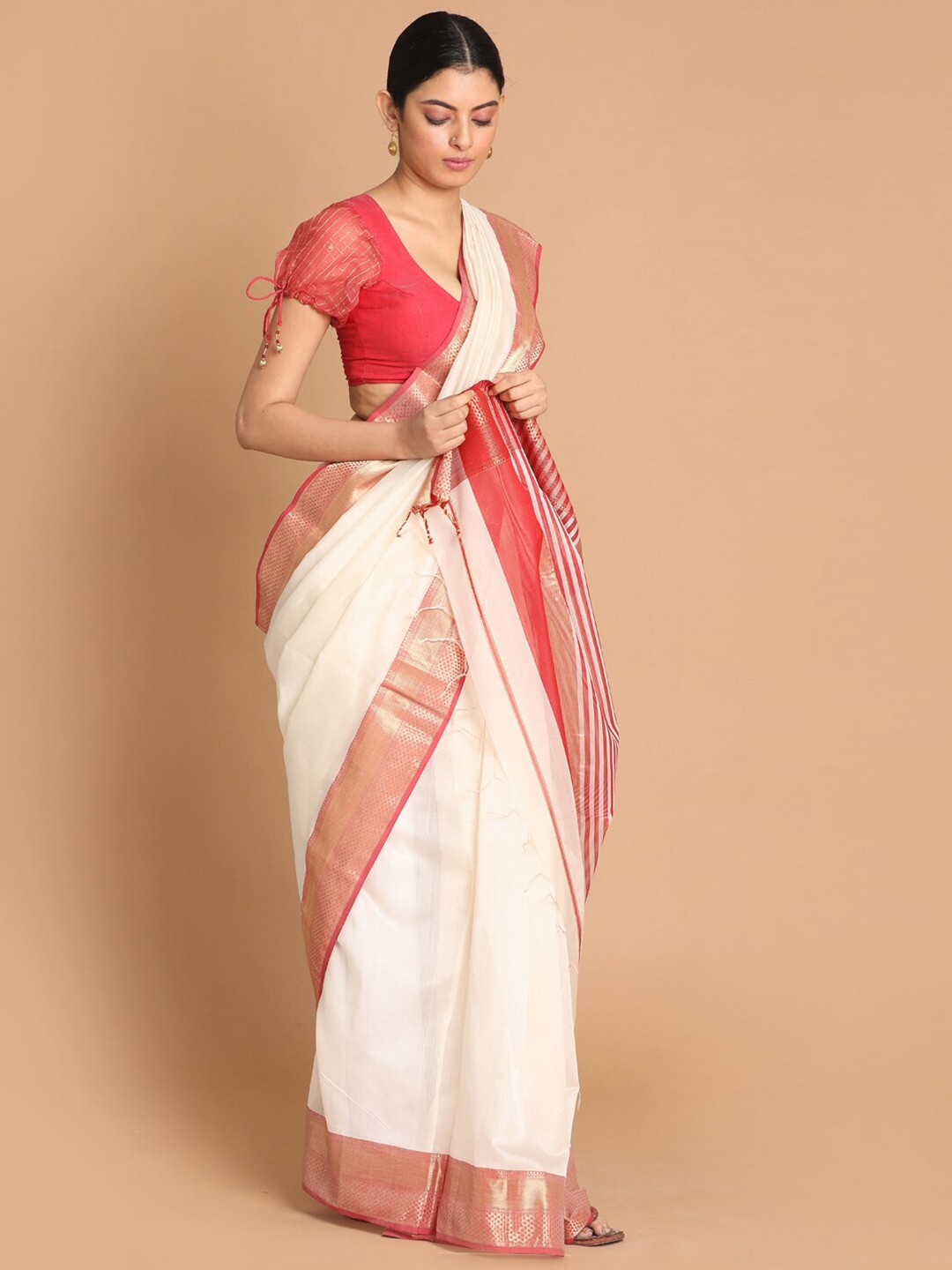 

Indethnic White & Red Zari Silk Cotton Maheshwari Saree