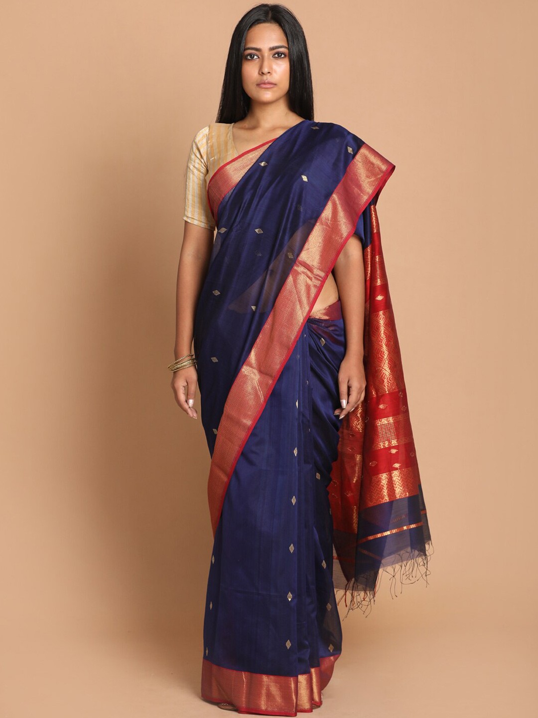 

Indethnic Navy Blue & Red Ethnic Motifs Zari Silk Cotton Maheshwari Saree