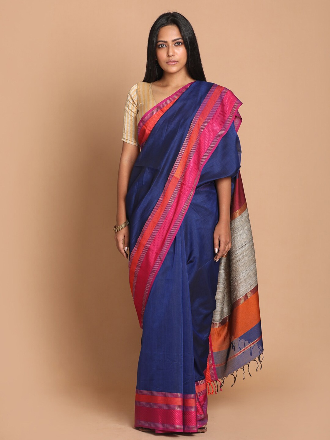 

Indethnic Navy Blue & Pink Colourblocked Zari Silk Cotton Maheshwari Saree