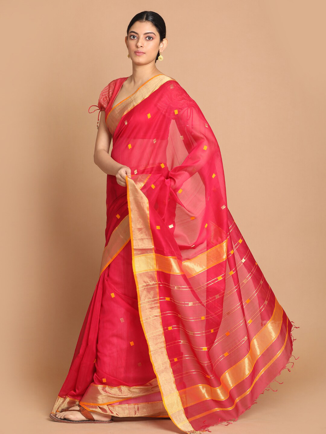 

Indethnic Magenta & Yellow Woven Design Zari Silk Cotton Maheshwari Saree