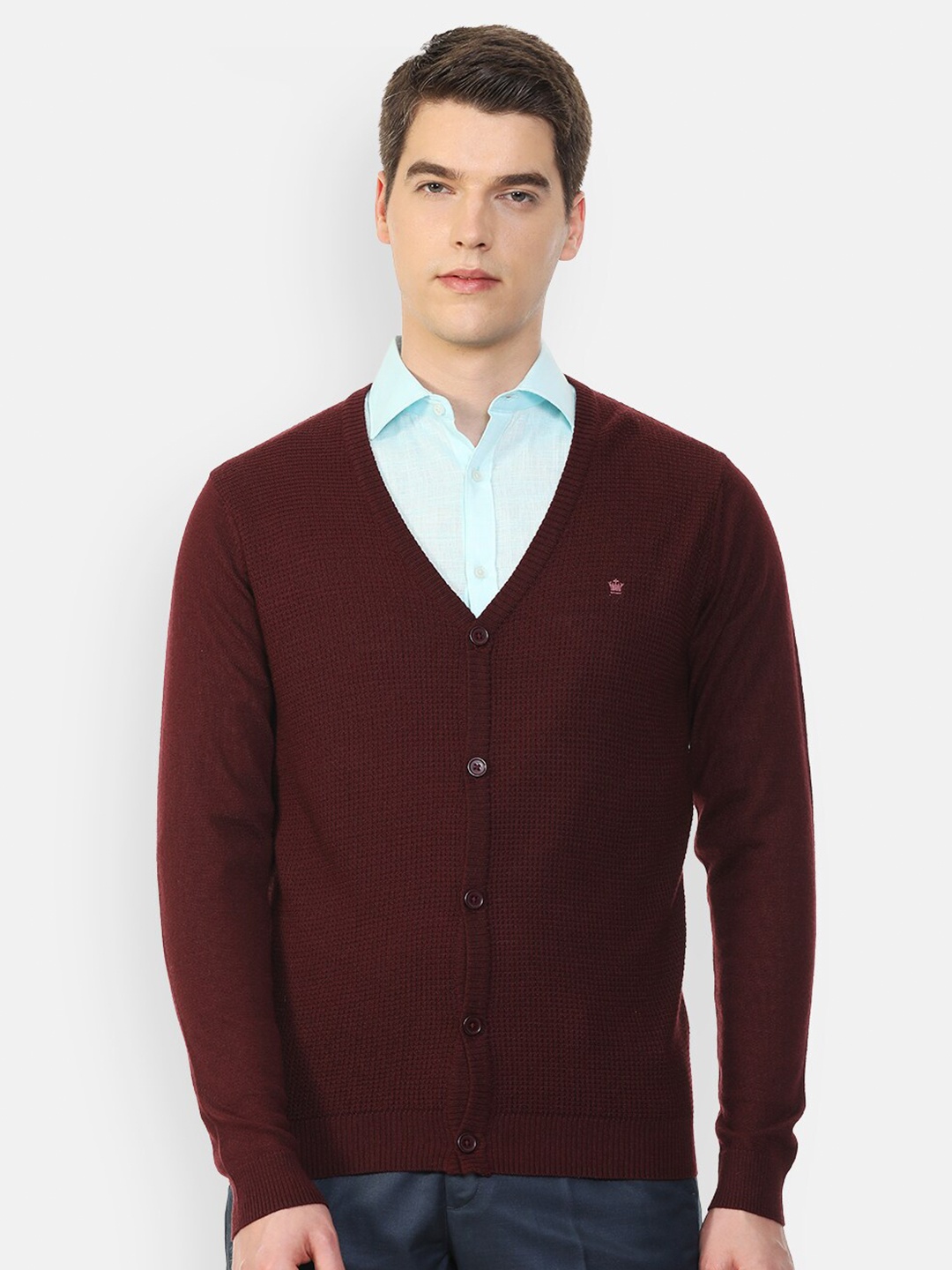 Louis Philippe Men Maroon Ribbed Cardigan