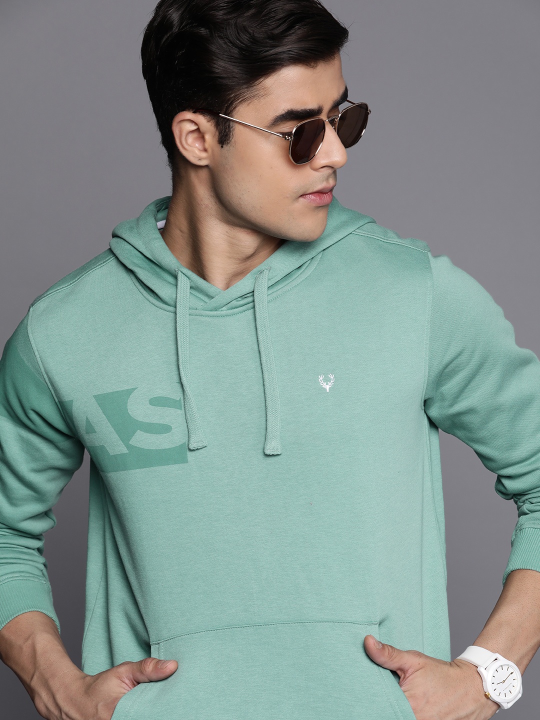 

Allen Solly Men Sea Green Printed Hooded Sweatshirt