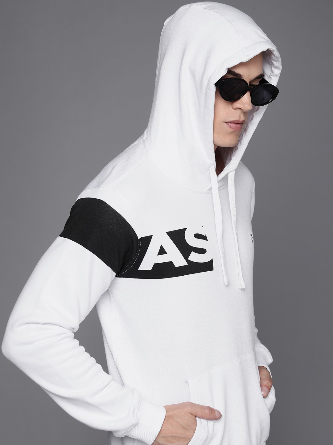 

Allen Solly Men White Hooded Sweatshirt with Black Contrast Sleeve