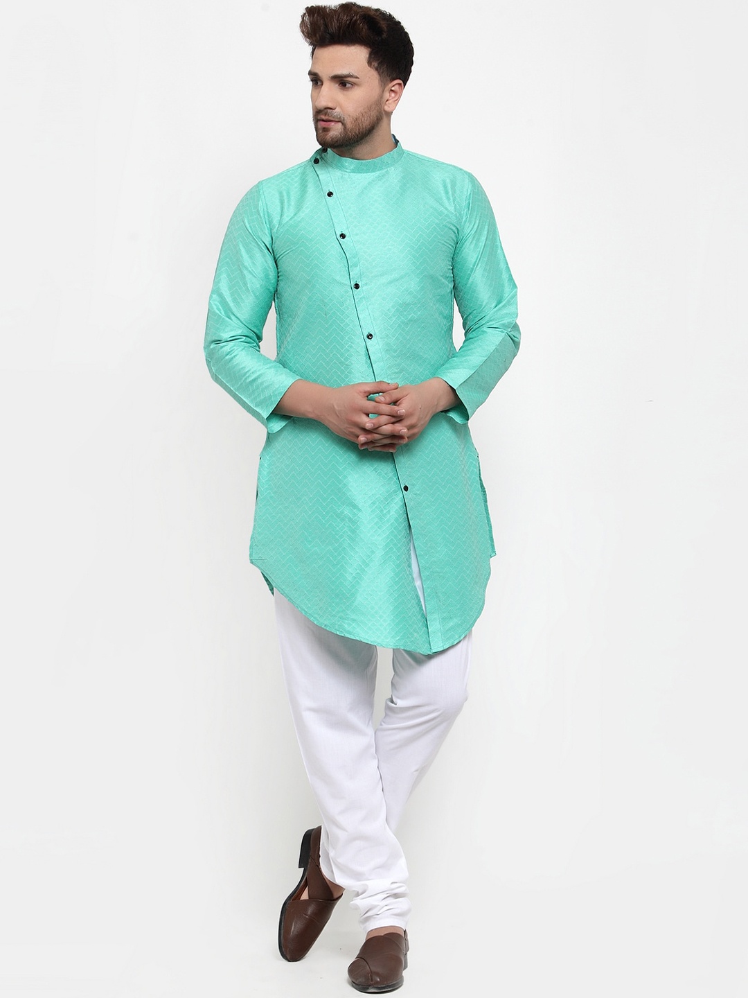 

KLOTTHE Men Turquoise Blue Angrakha Kurta with Churidar
