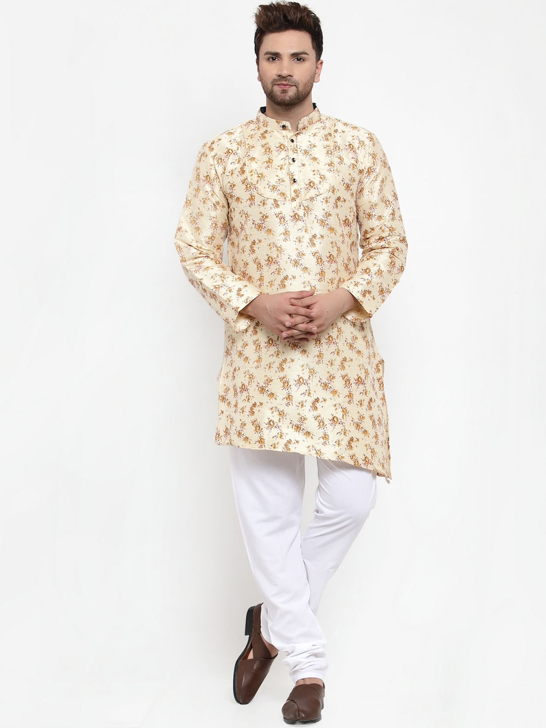 

KLOTTHE Men Beige Floral Printed Regular Kurta with Churidar