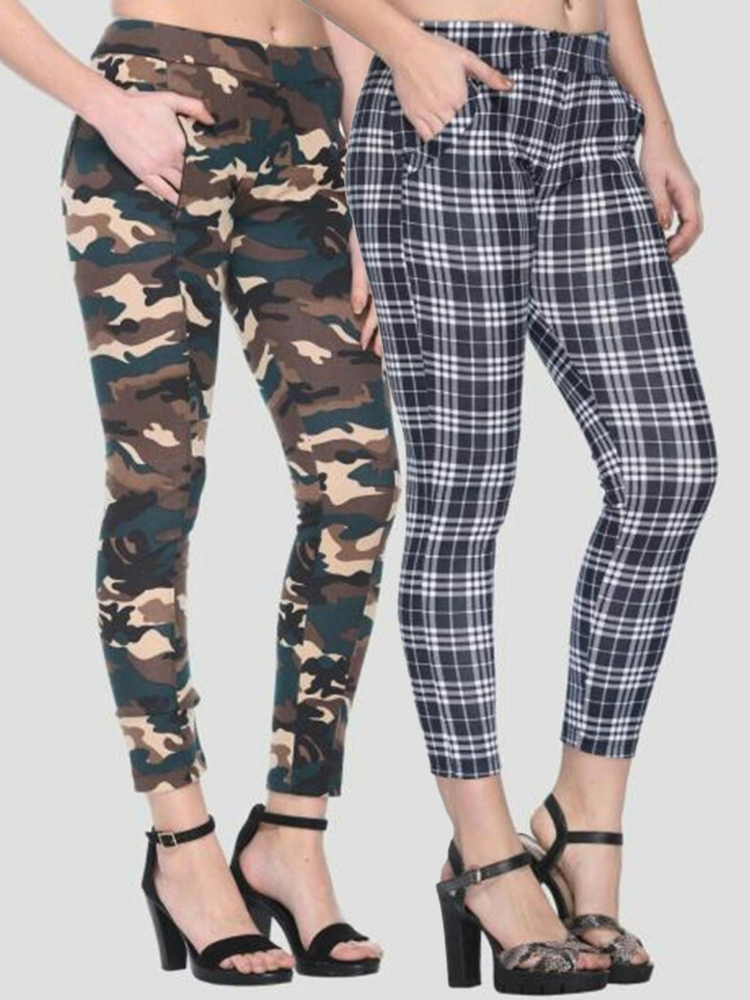 

armure Women Pack of 2 Grey & Olive Green Printed Slim-Fit Treggings