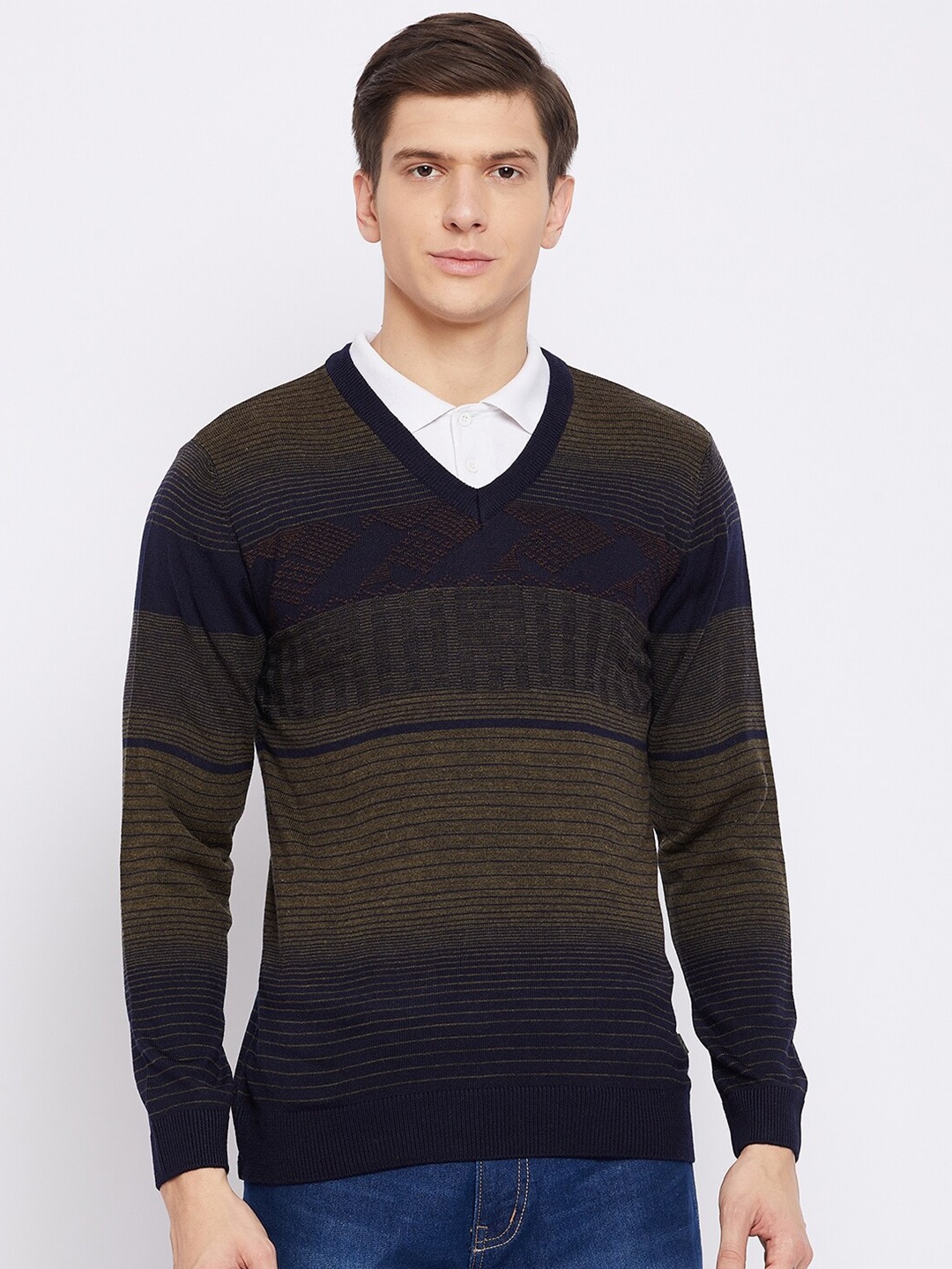 

Duke Men Olive Green & Navy Blue Striped Woolen Pullover Sweater