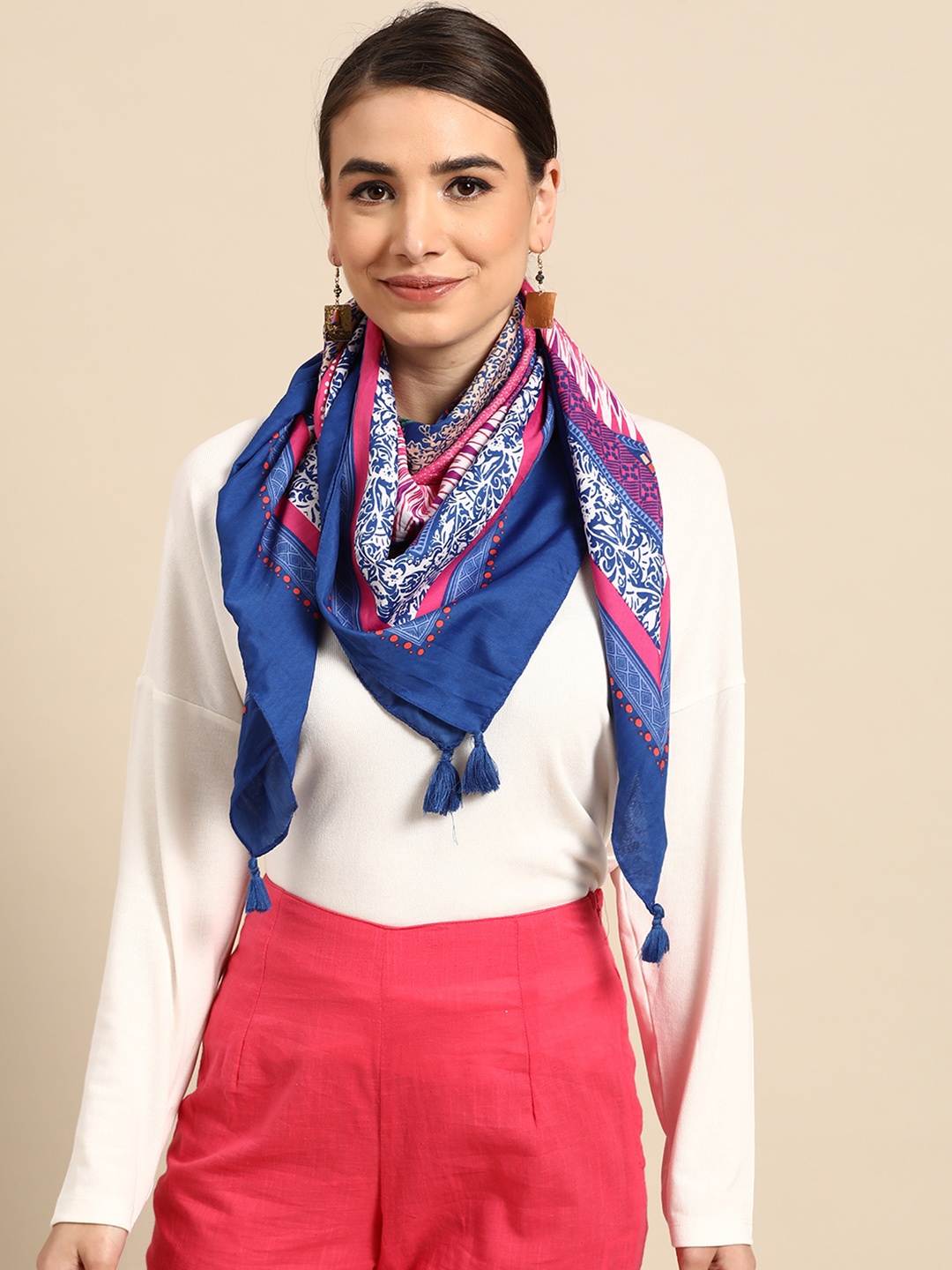 

Anouk Women Blue & Pink Printed Scarf With Tassel Detail