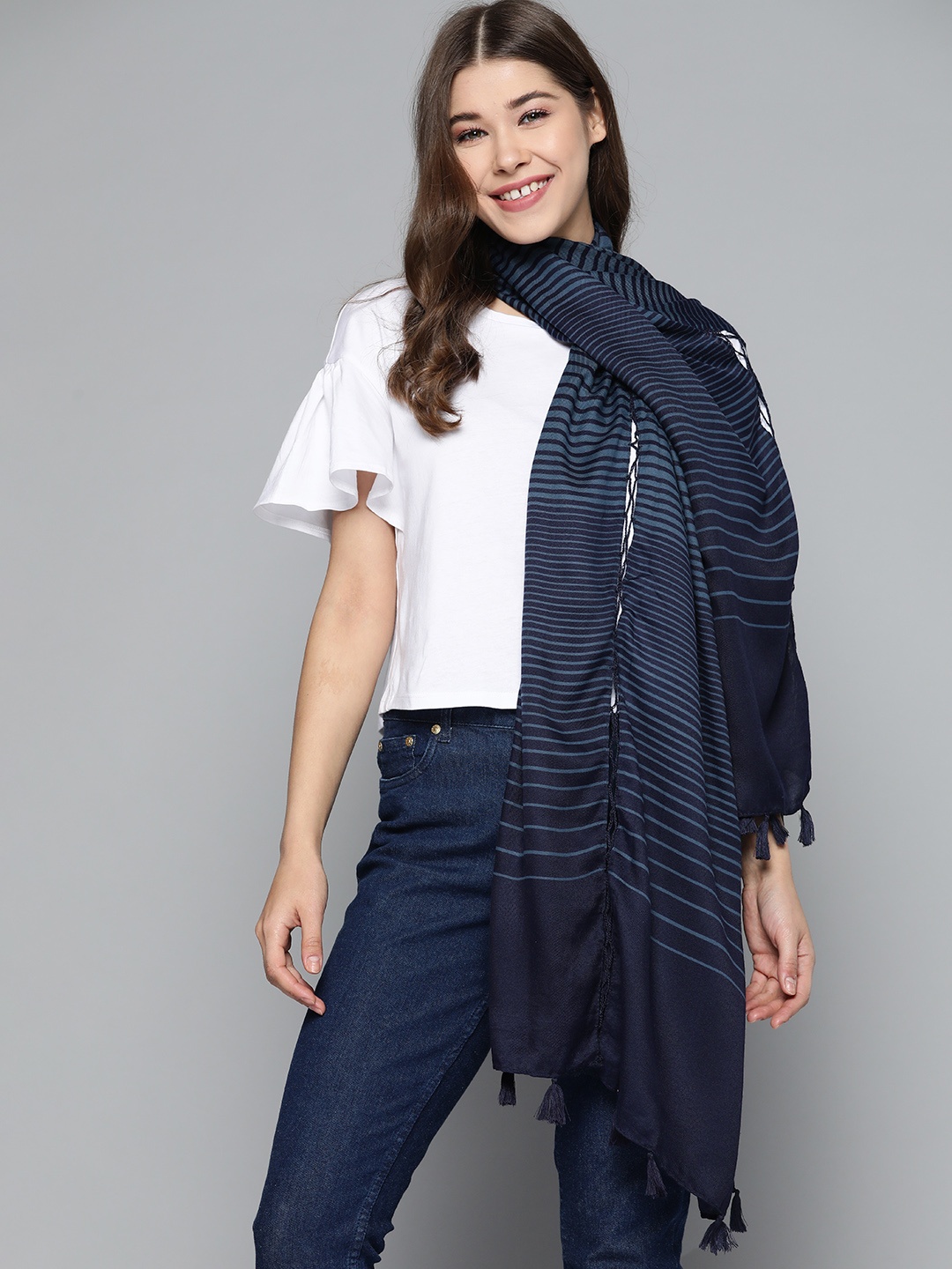 

Mast & Harbour Women Navy Blue Striped Scarf