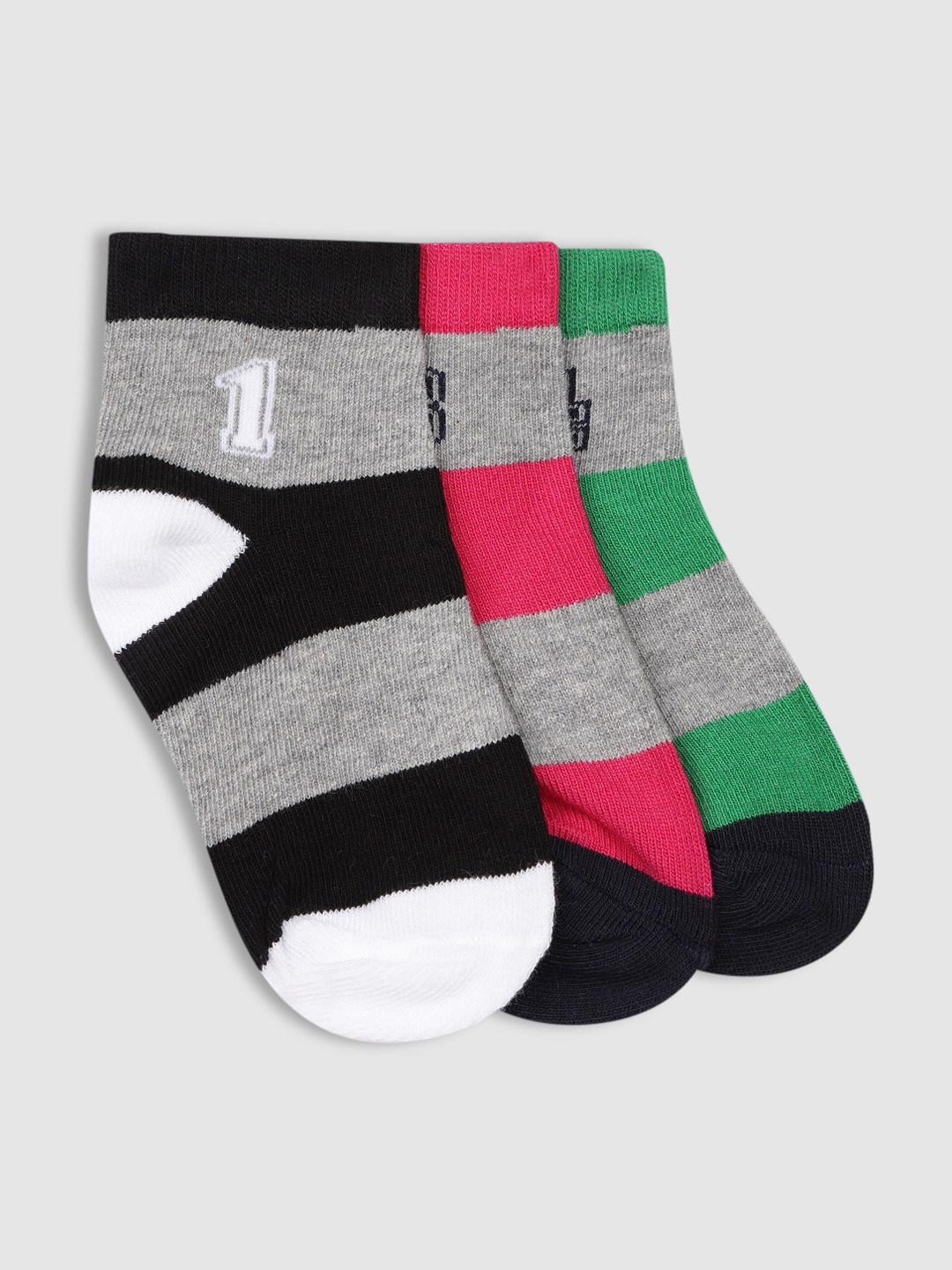 

YK Kids Pack Of 3 Striped Ankle-Length Socks, Black