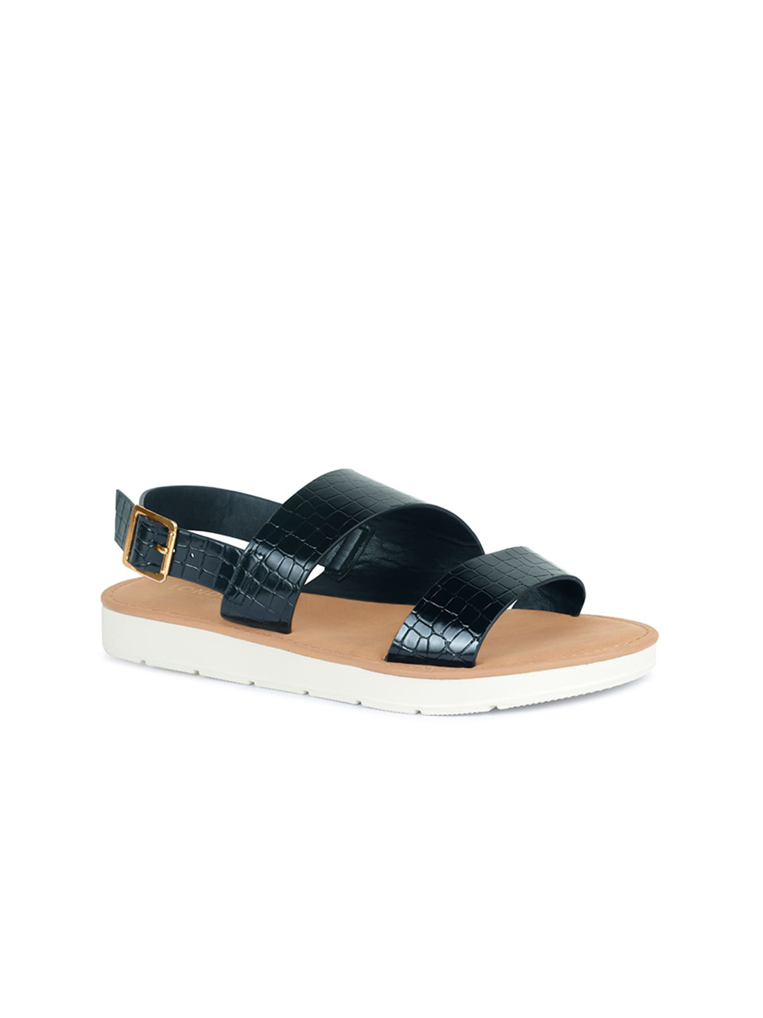

London Rag Women Black Textured Open Toe Flats with Buckles