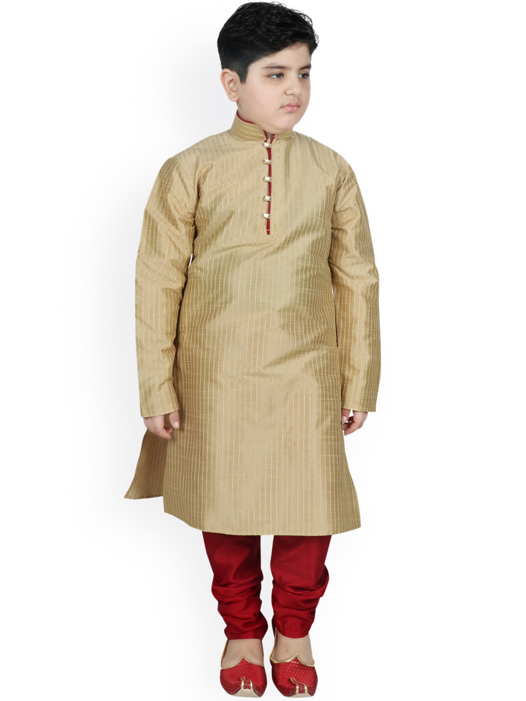 

SG YUVRAJ Boys Beige & Maroon Regular Raw Silk Kurta with Pyjamas
