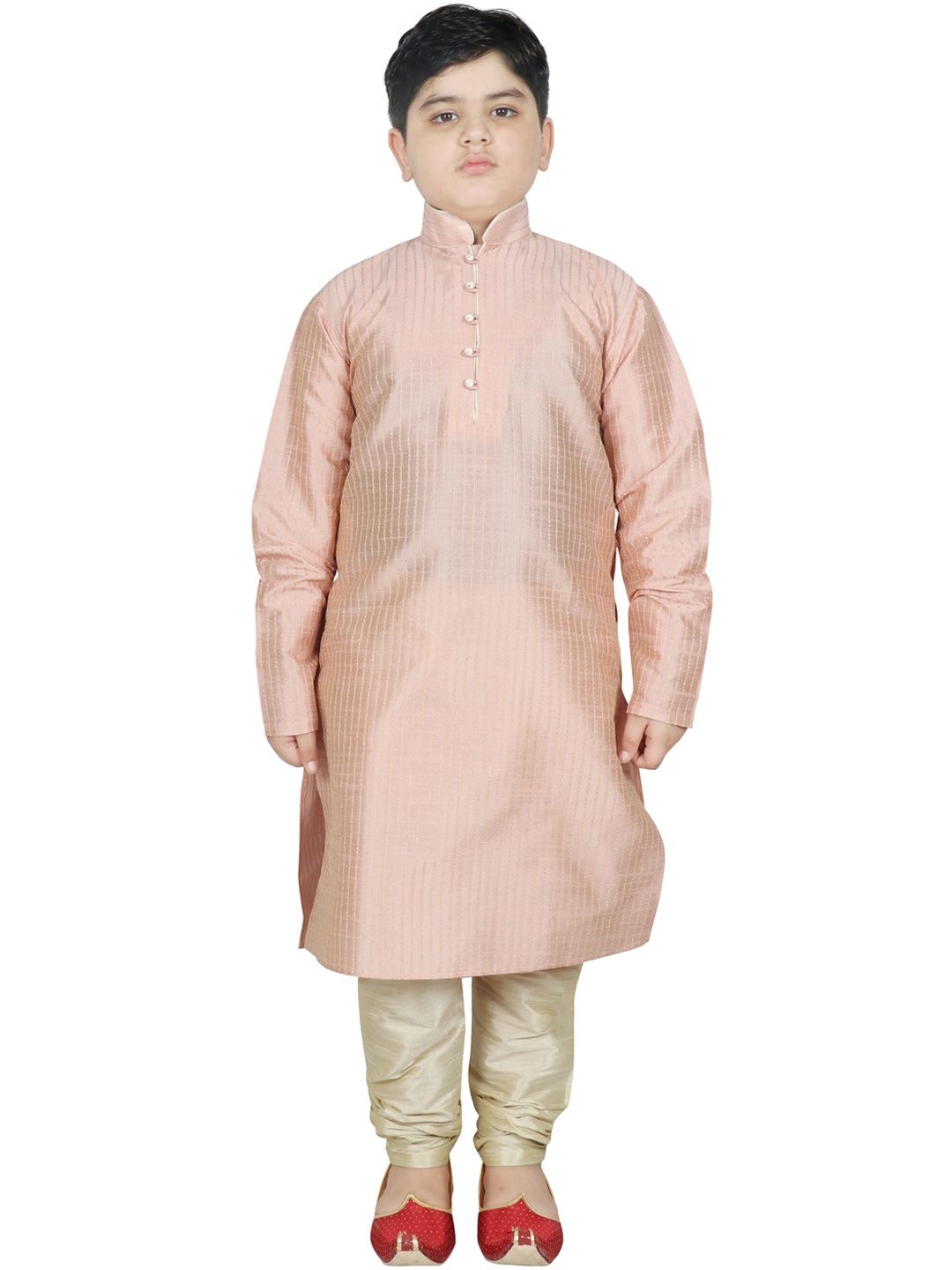 

SG YUVRAJ Boys Pink Striped Regular Raw Silk Kurta with Churidar