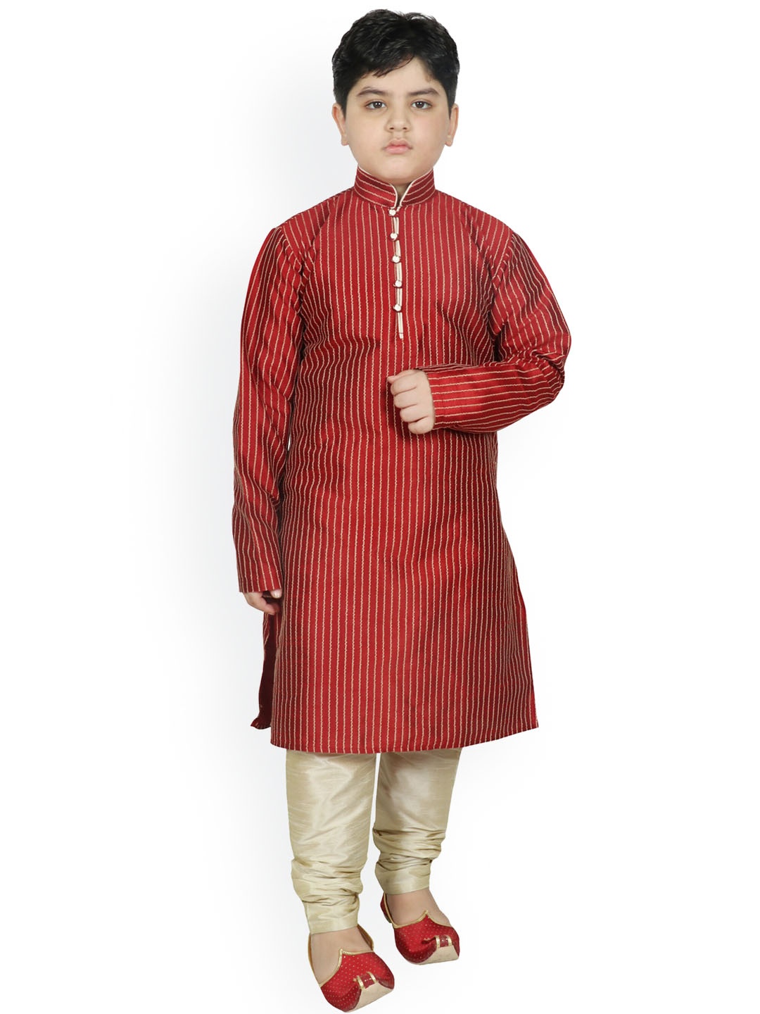 

SG YUVRAJ Boys Maroon Striped Regular Raw Silk Kurta with Pyjamas