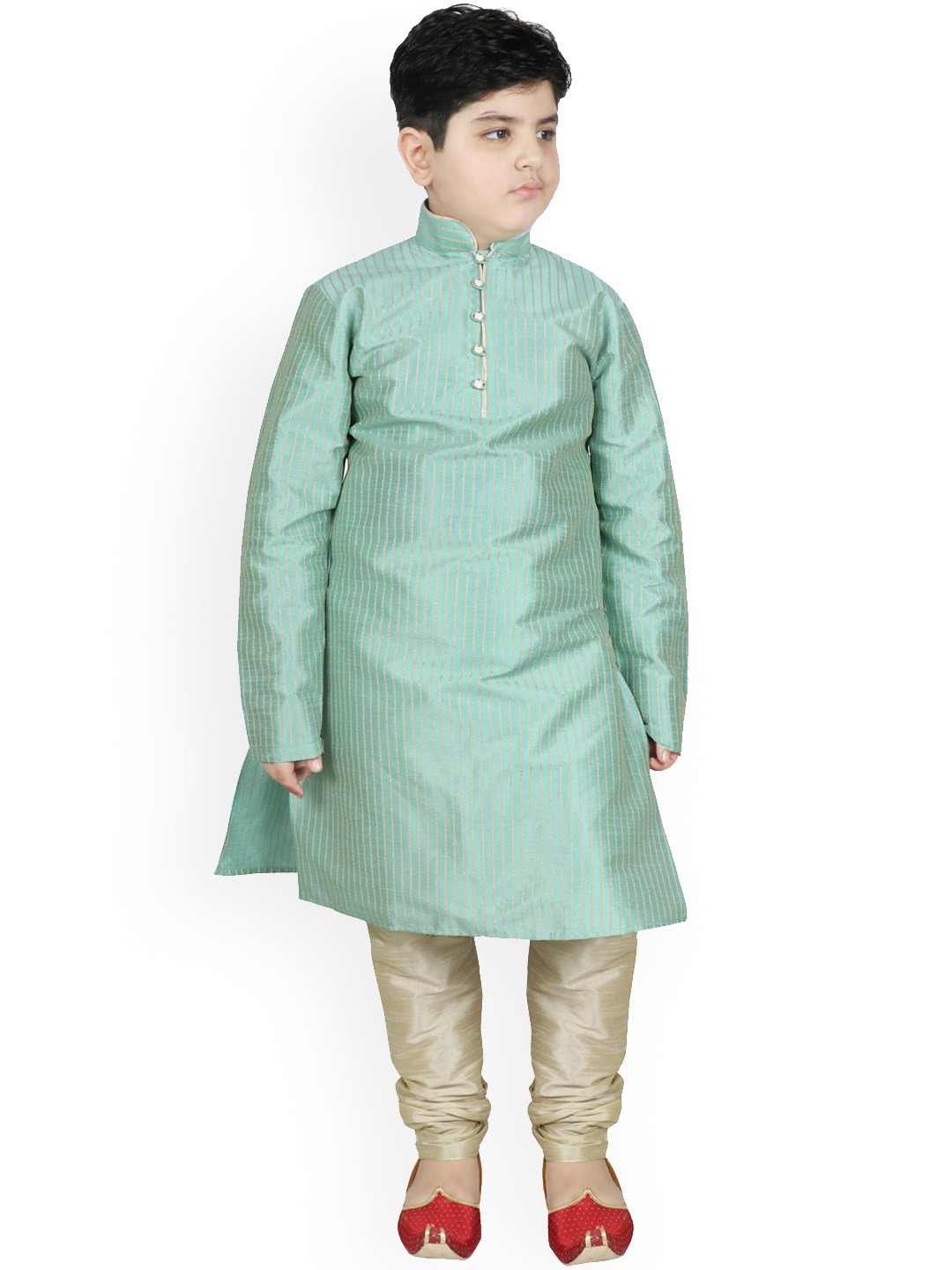 

SG YUVRAJ Boys Turquoise Blue Striped Regular Raw Silk Kurta with Churidar