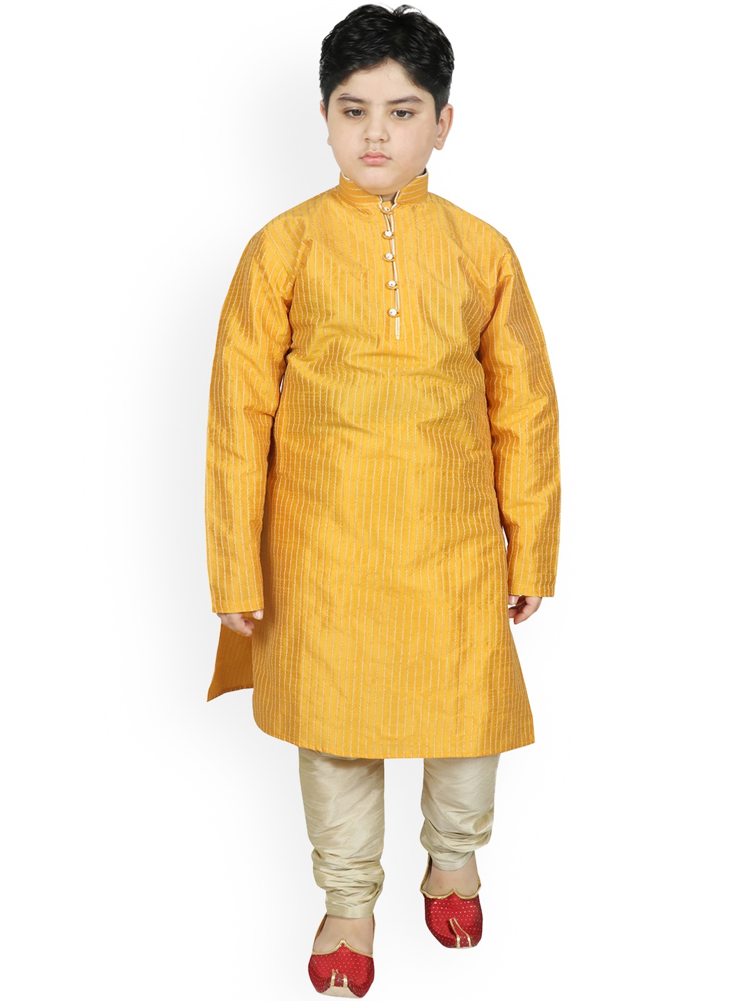 

SG YUVRAJ Boys Mustard Yellow Striped Regular Raw Silk Kurti with Pyjamas