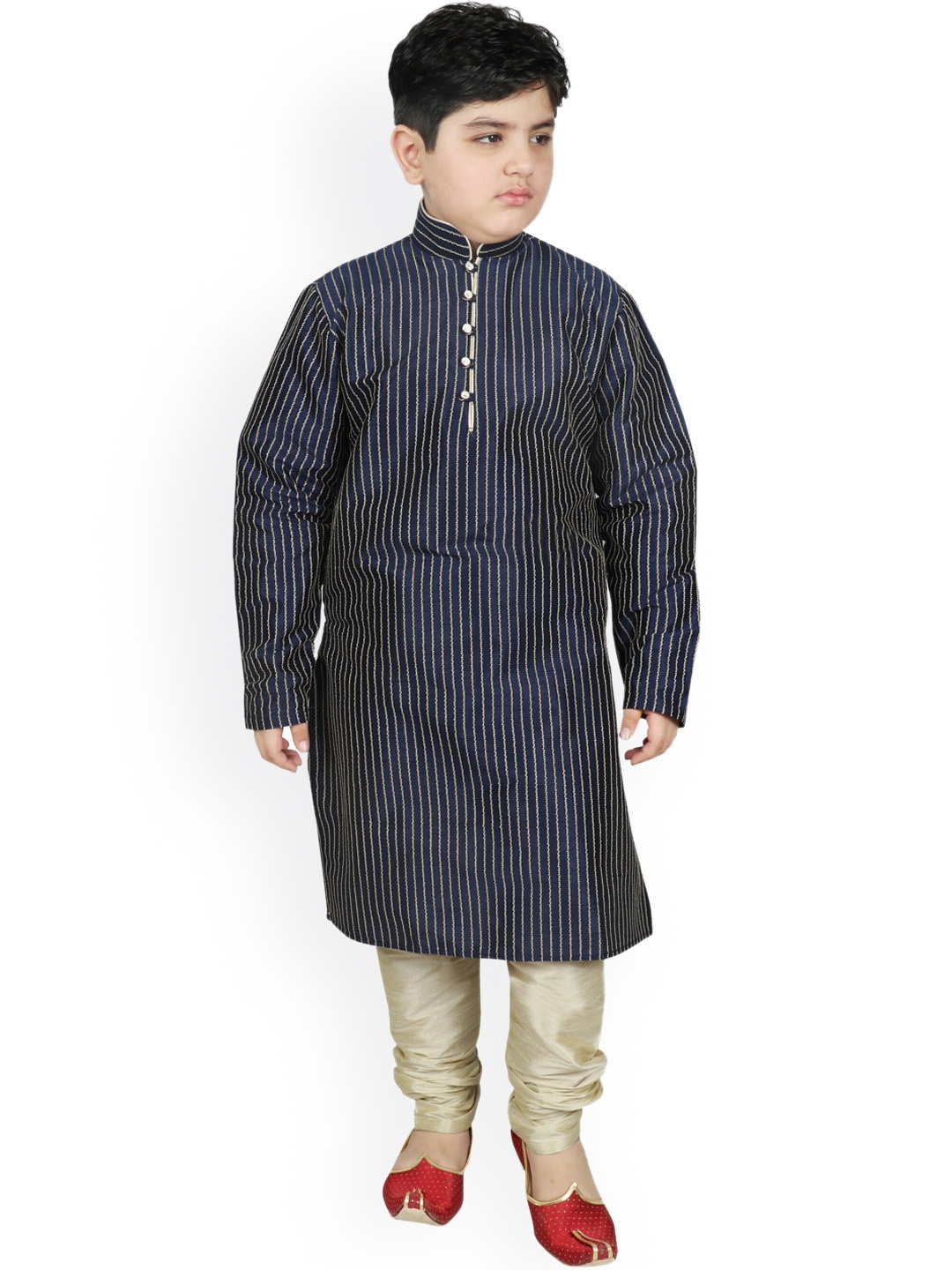 

SG YUVRAJ Boys Navy Blue & Gold Striped Regular Raw Silk Kurta with Churidar