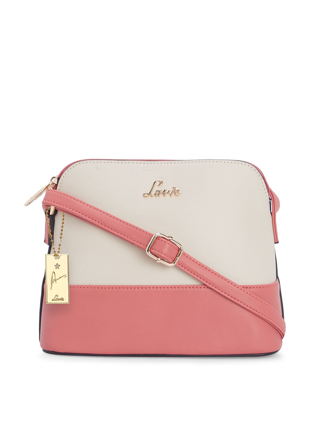 

Lavie Off White & Pink Colourblocked Structured Sling Bag