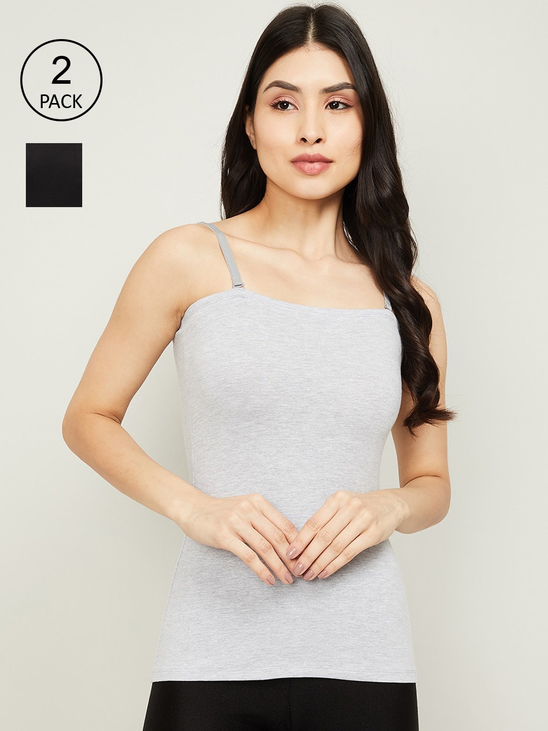 

Ginger by Lifestyle Women Pack Of 2 Black & Grey Melange Solid Camisoles