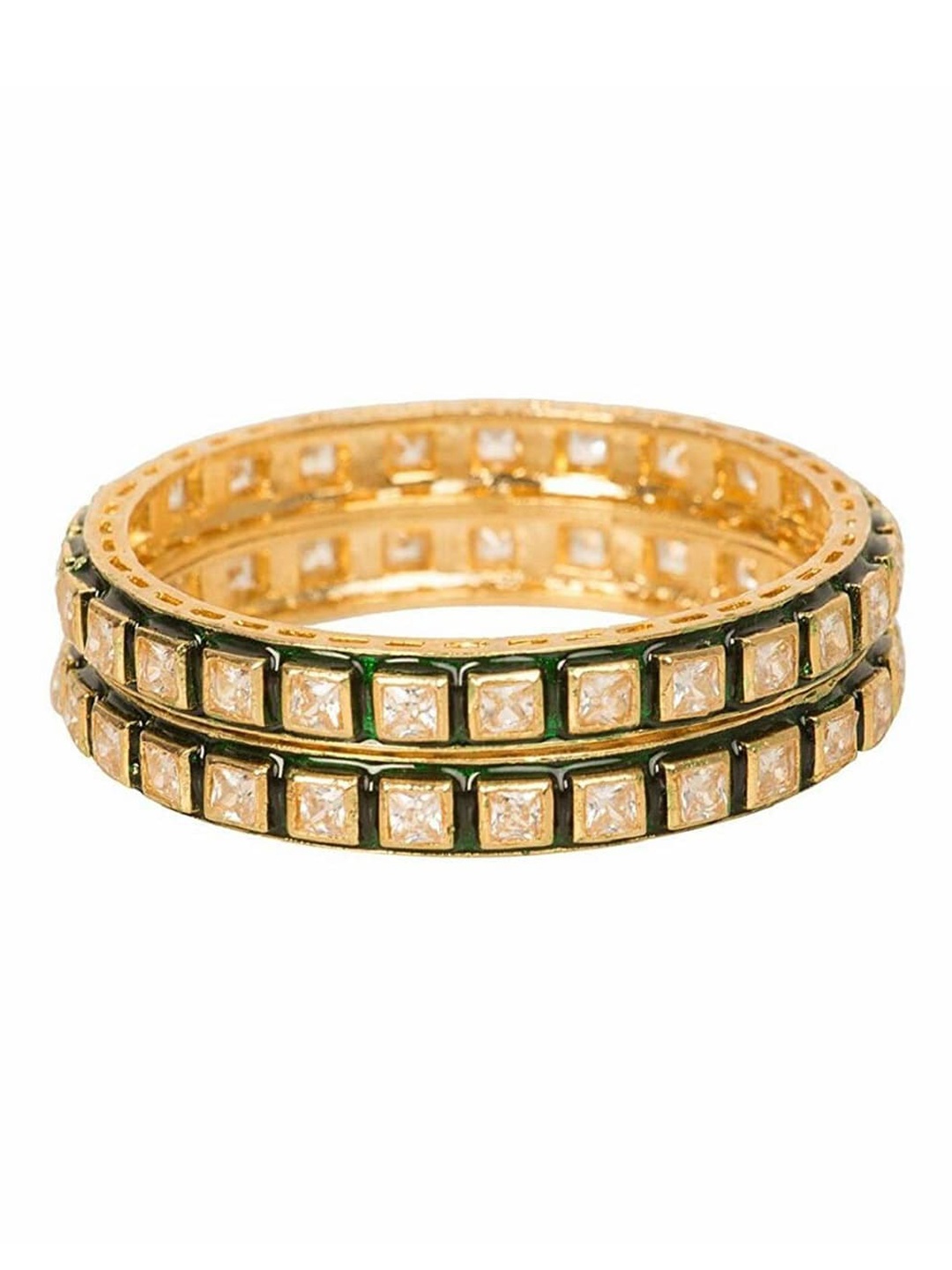

Runjhun Set Of 2 Gold-Plated Green & White Kundan-Studded Bangles