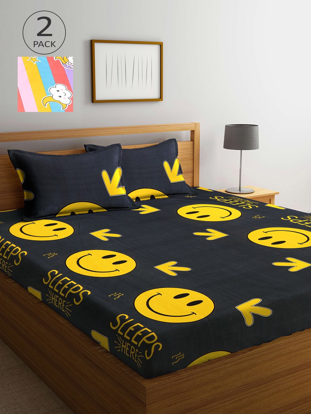 

KLOTTHE Set Of 2 Printed 210 TC 2 King Bedsheet with 4 Pillow Covers, Black